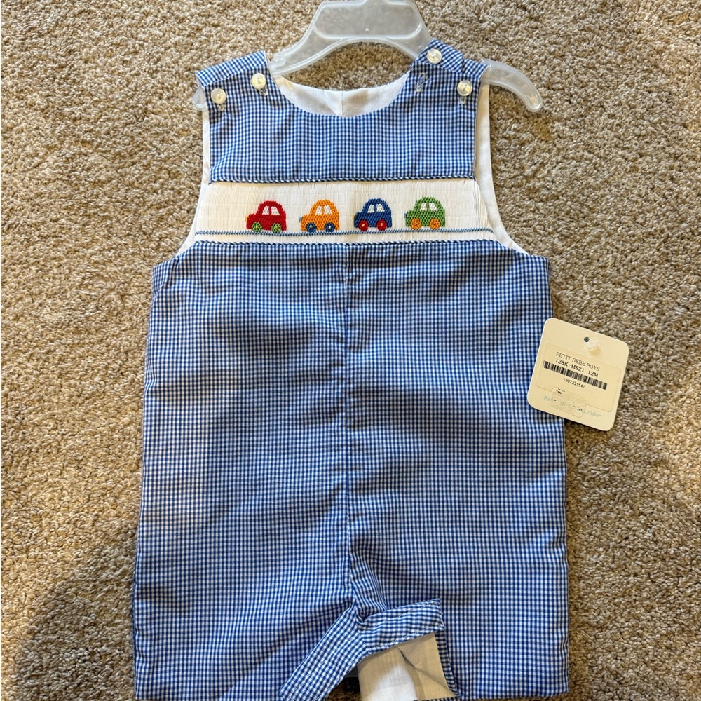 Blue Gingham Kids One-Piece Bodysuit with Smocked Cars